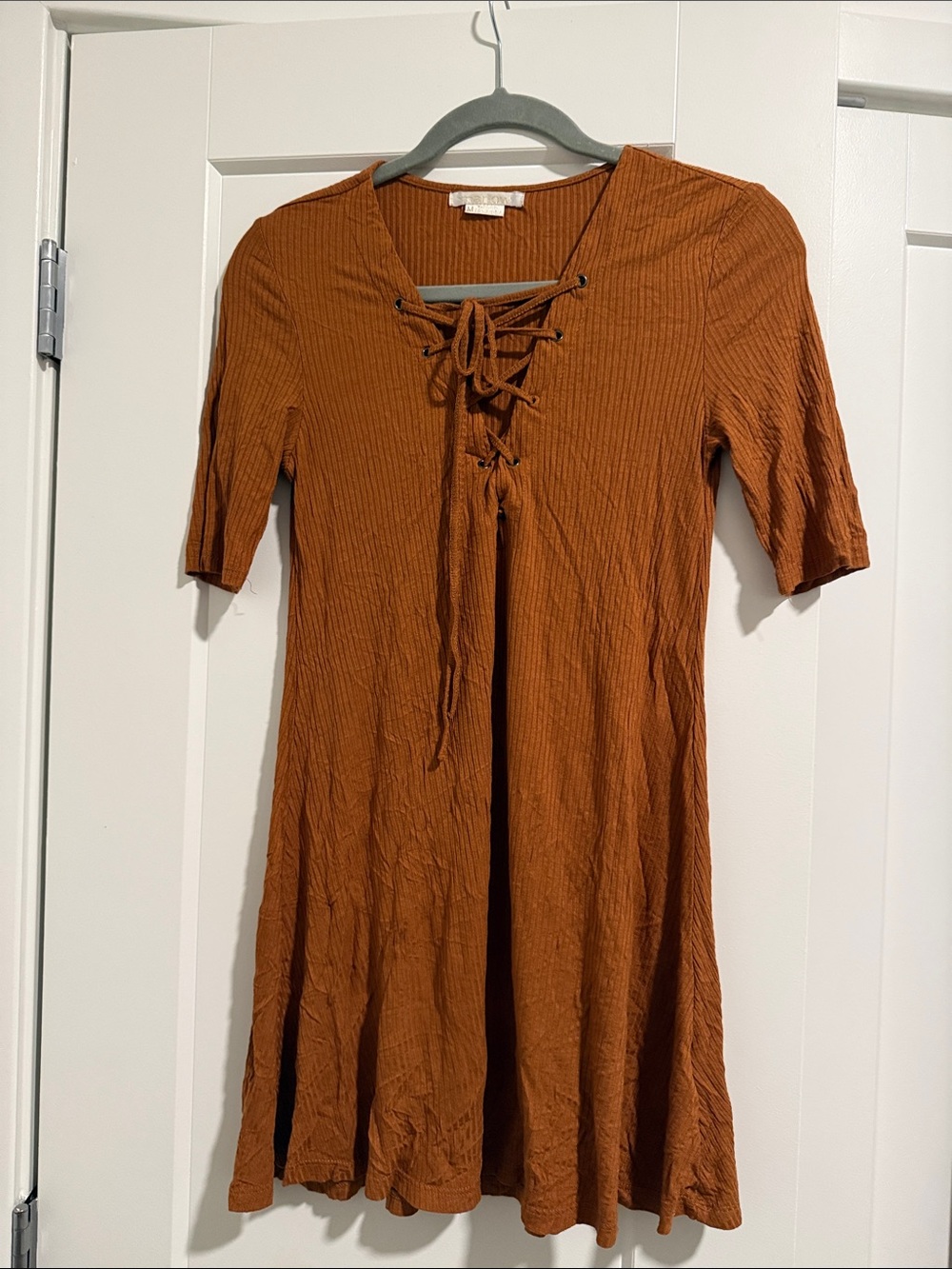 Marlow Lace-Up Ribbed Mini Dress in Rust